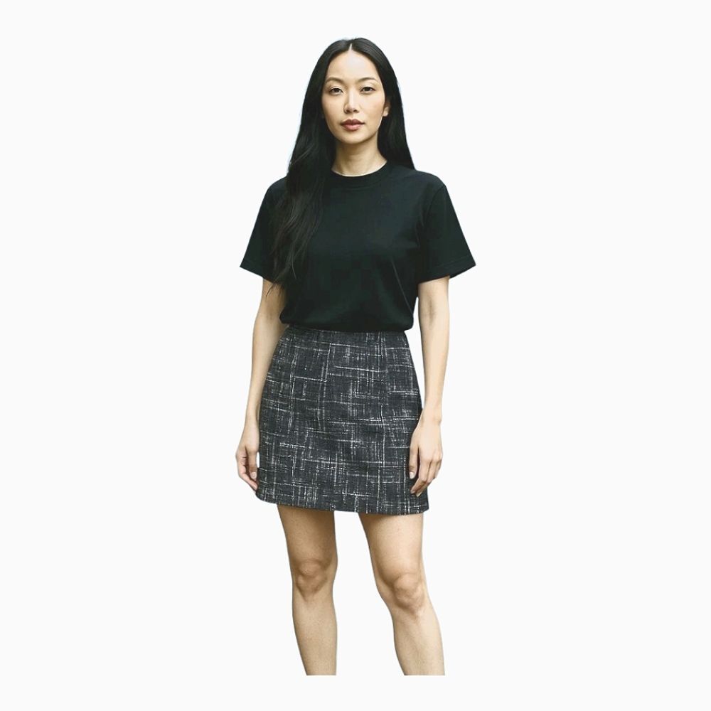 Boucle Tweed Herringbone Pencil Mini Skirt Lined size 6 Black White Green Office